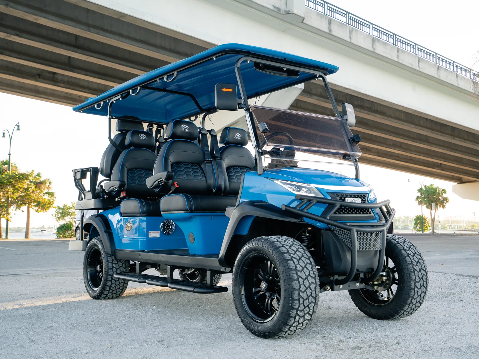 Official Venom EV golf cart parked under a bridge structure